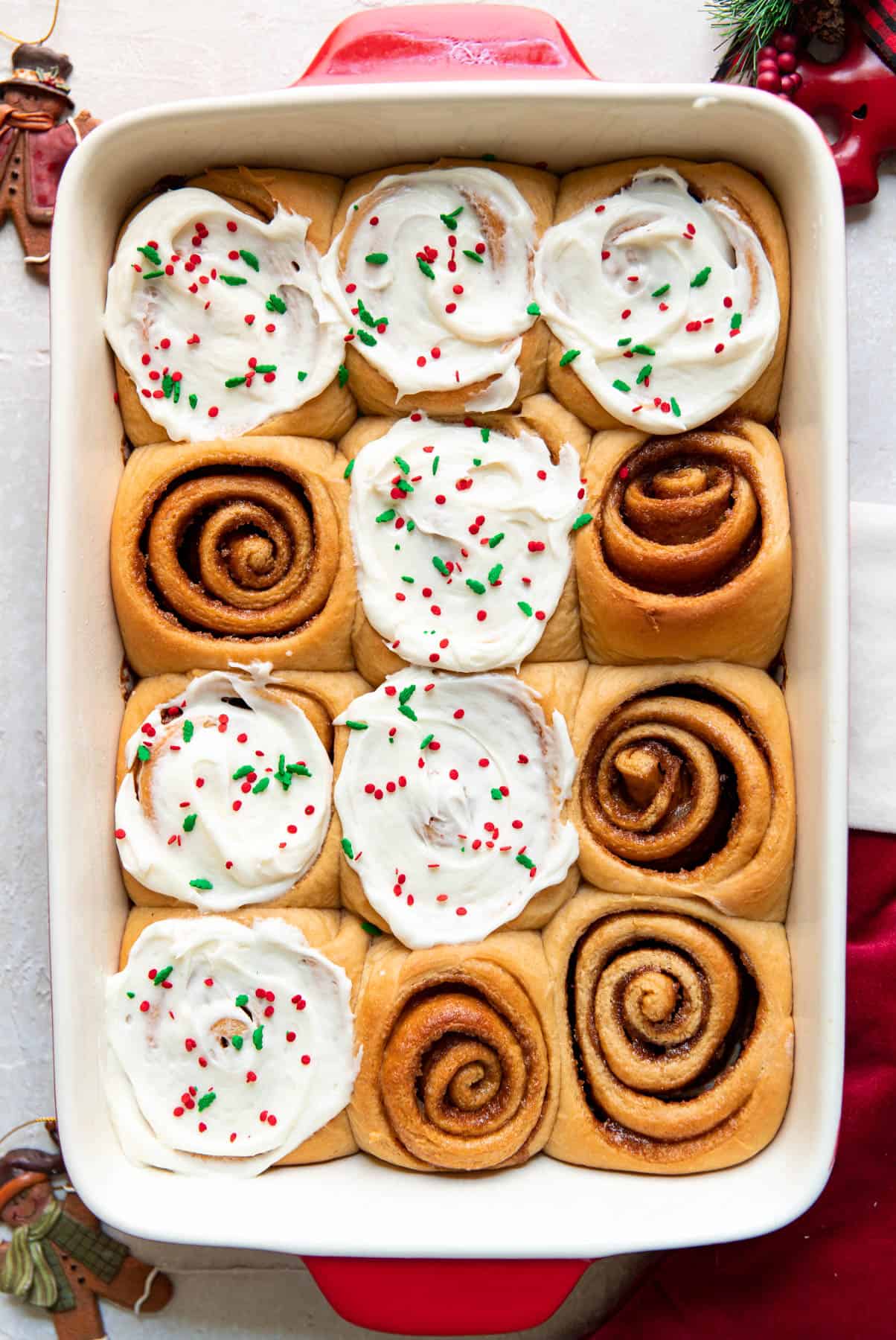 gingerbread cinnamon rolls in a baking dish.