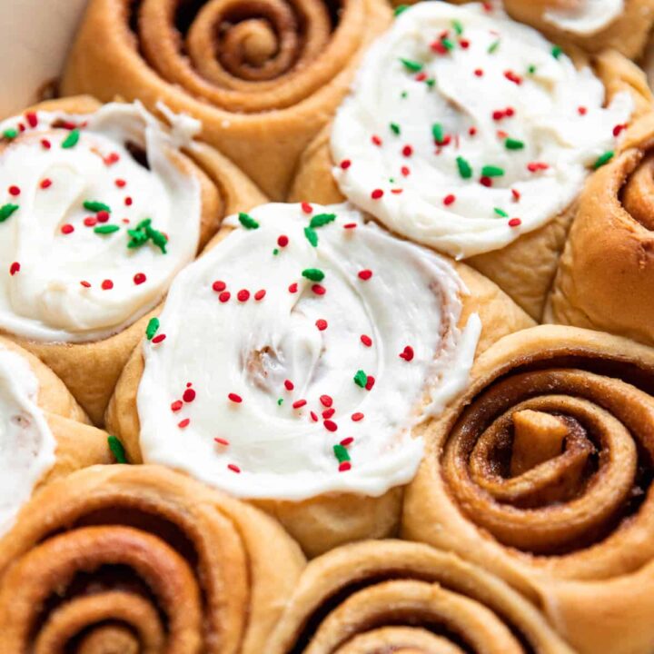 gingerbread cinnamon rolls in a baking dish.