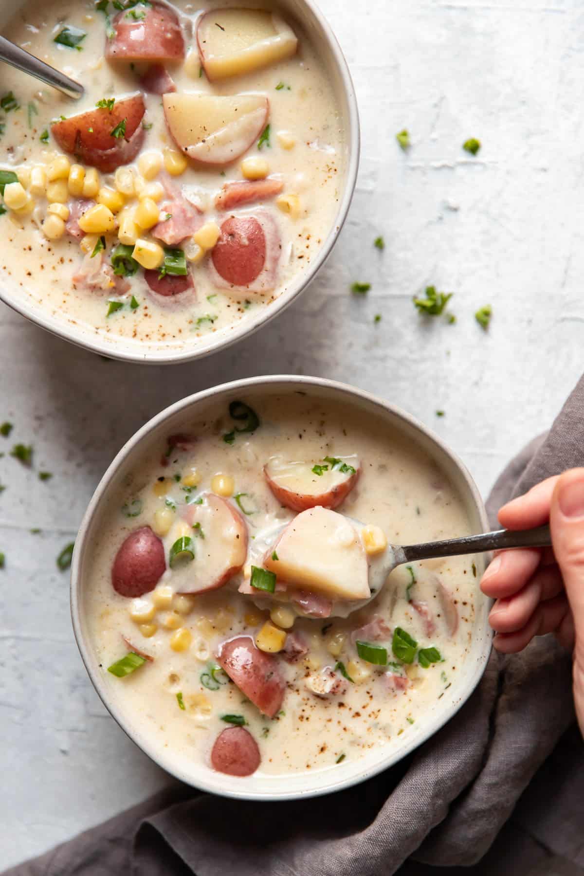 ham potato corn soup in a bowl