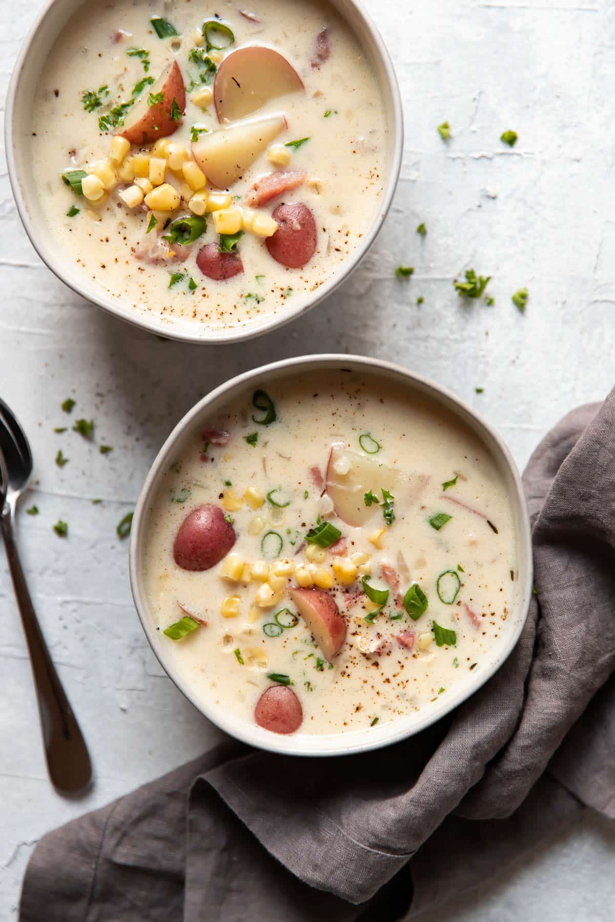 ham potato corn soup in a bowl