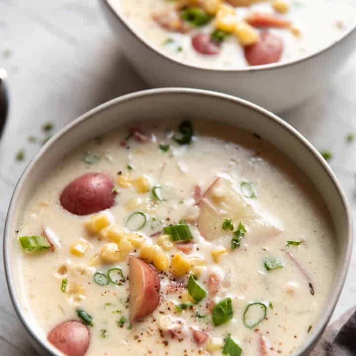 ham potato corn soup in a bowl