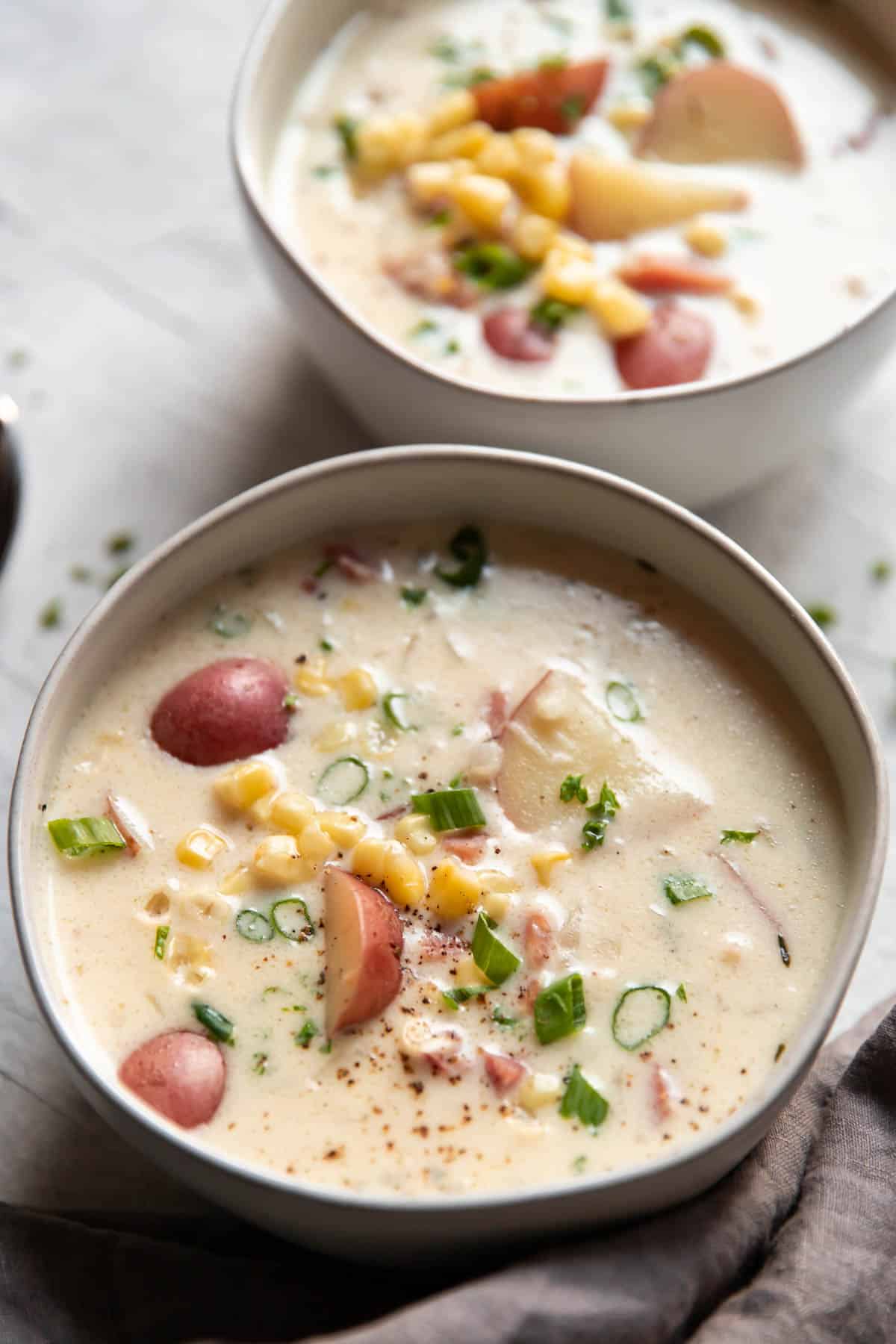 ham potato corn soup in a bowl