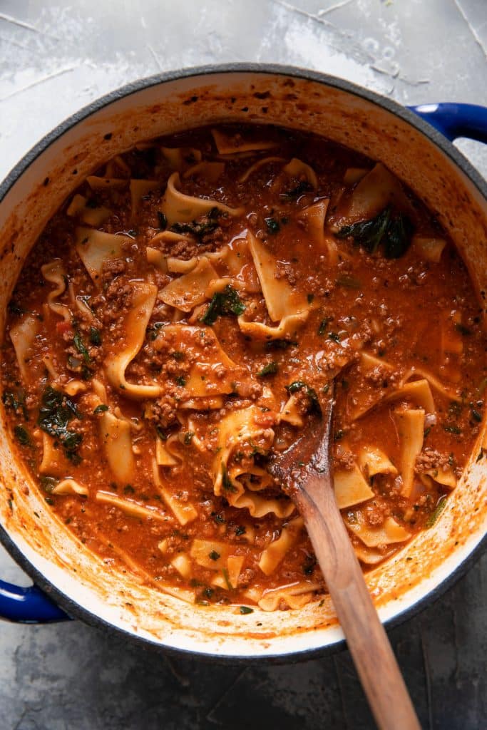 one pot lasagna soup in a bowl