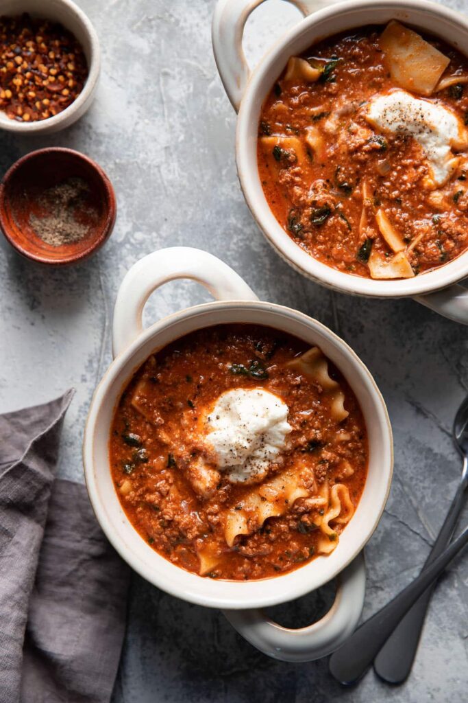 one pot lasagna soup in a bowl