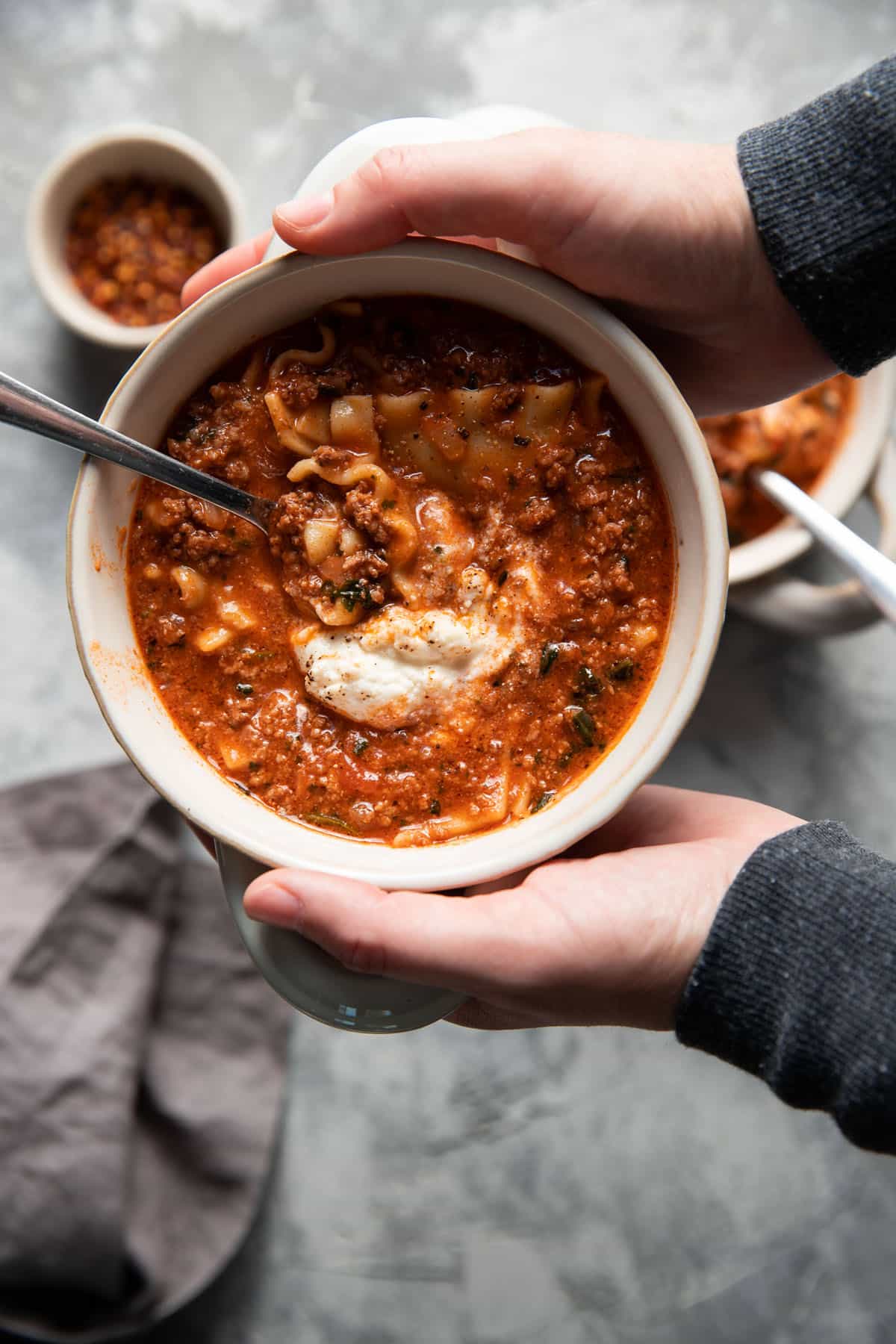 one pot lasagna soup in a bowl
