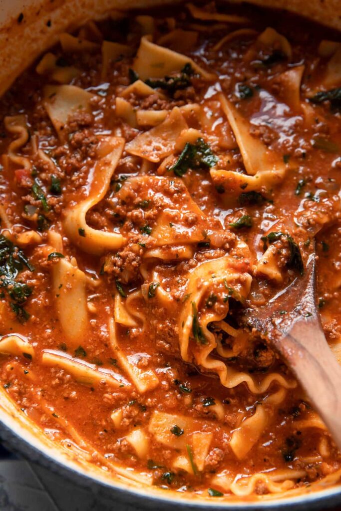one pot lasagna soup in a bowl