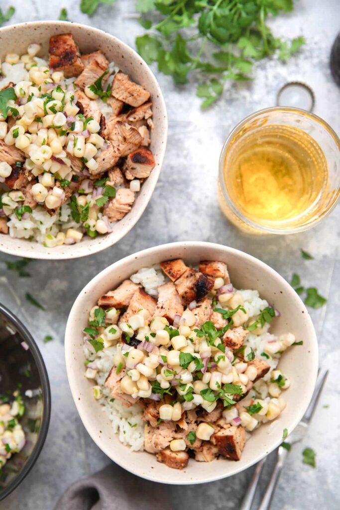 chipotle chicken and rice in a bowl
