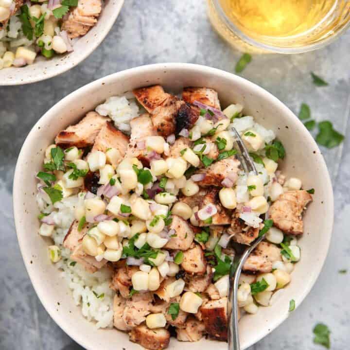 chipotle chicken and rice in a bowl