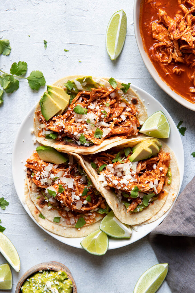 Plate of instant pot chicken tinga tacos.