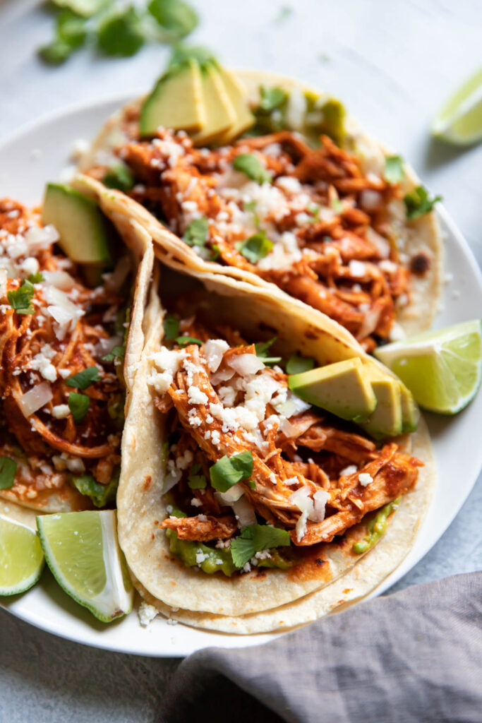 Plate of instant pot chicken tinga tacos.