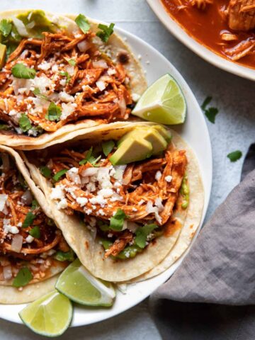 Plate of instant pot chicken tinga tacos.
