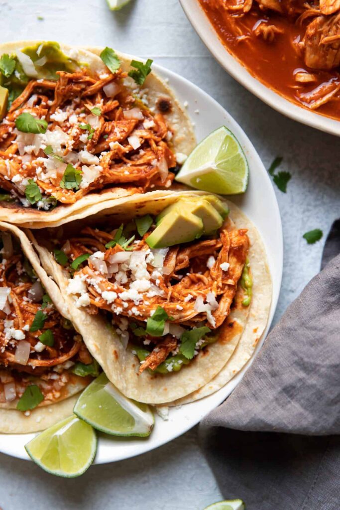 Plate of instant pot chicken tinga tacos.