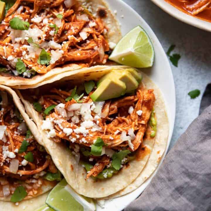 Plate of instant pot chicken tinga tacos.