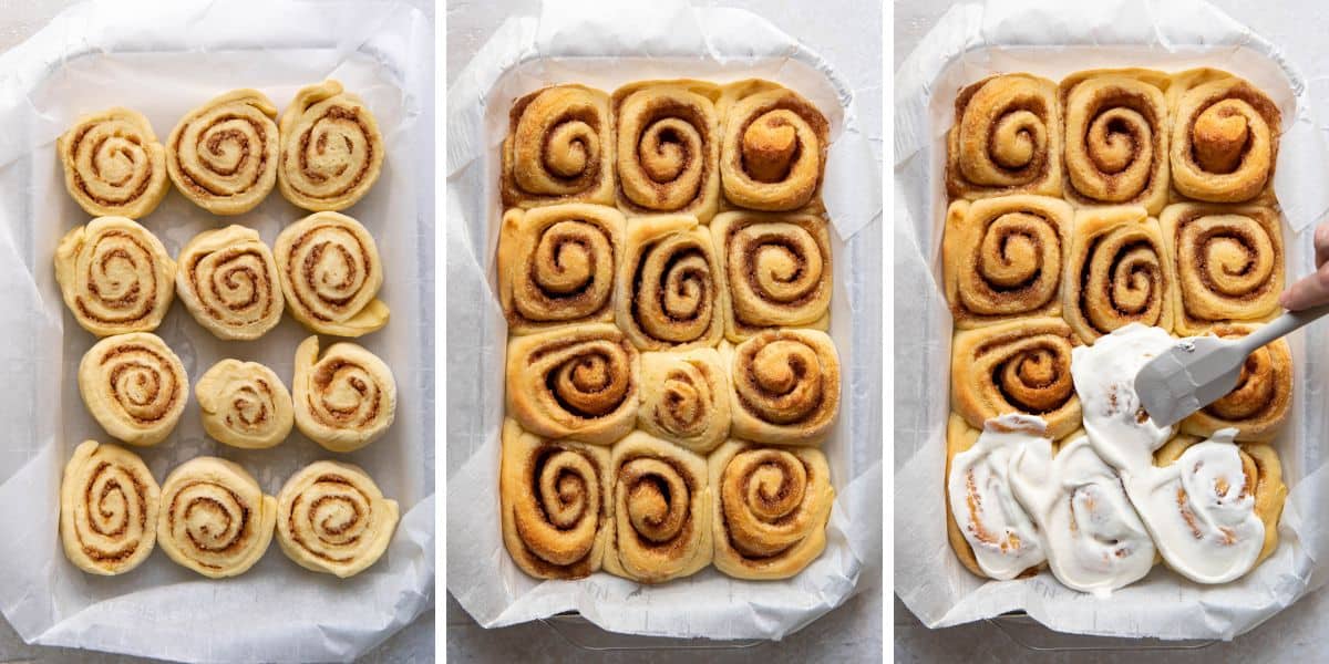orange rolls before being baked and after.