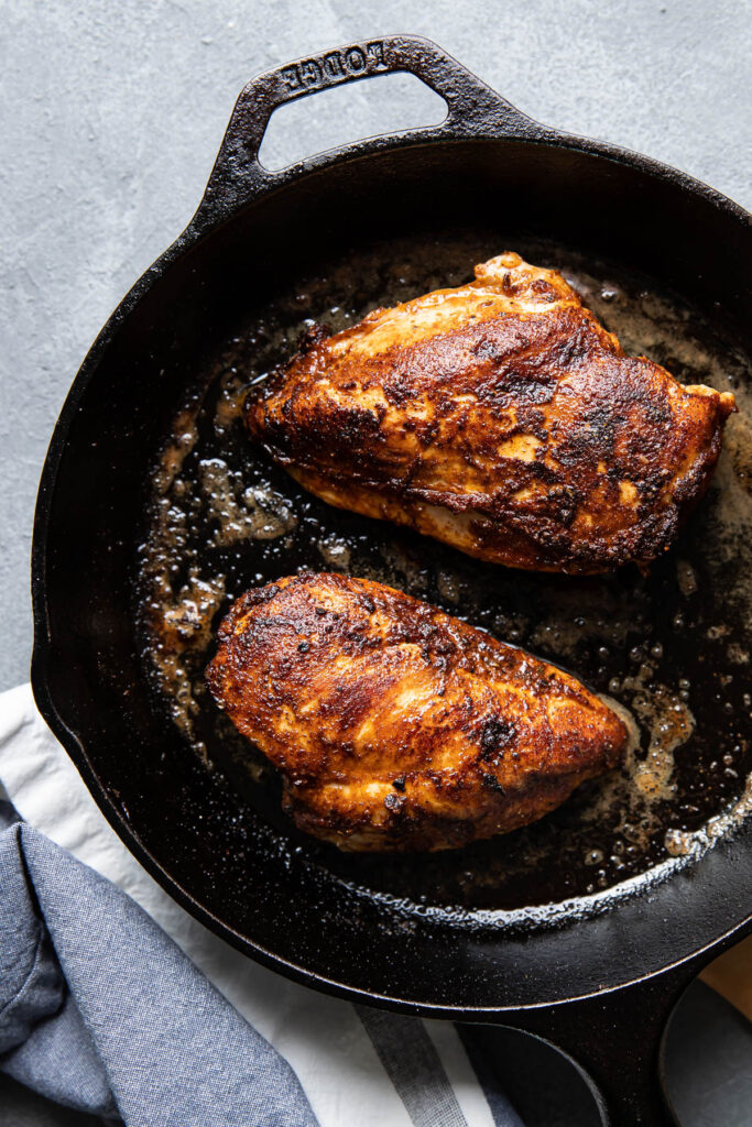cooked chicken in a skillet.