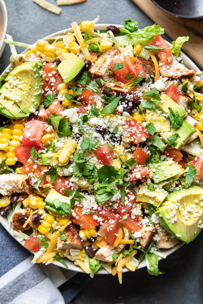 chicken taco salad in a bowl.