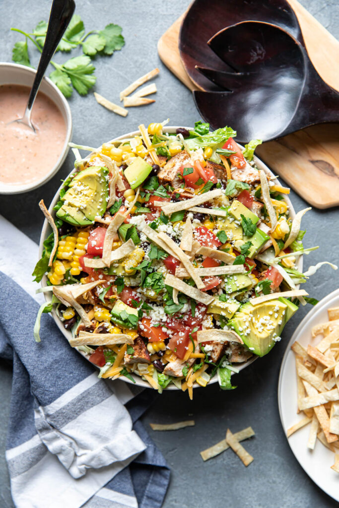 chicken taco salad in a bowl.