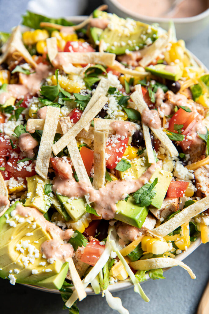 chicken taco salad in a bowl.