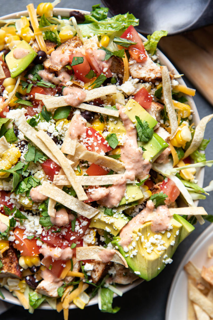 chicken taco salad in a bowl.