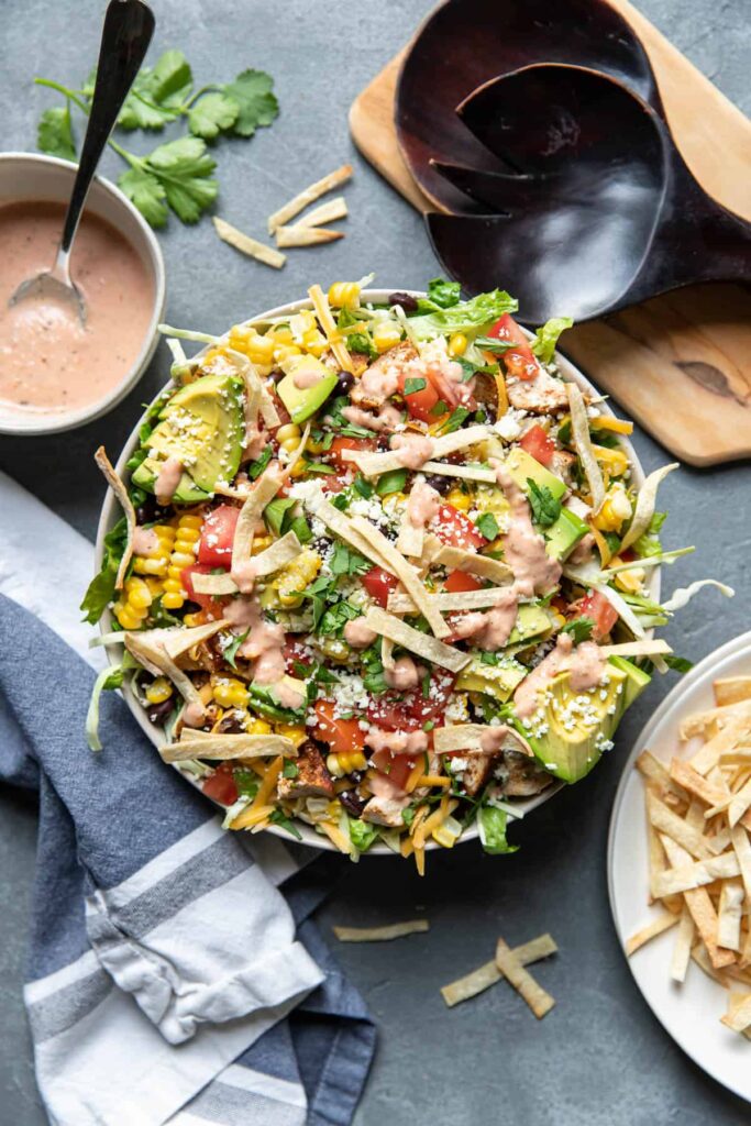 chicken taco salad in a bowl.