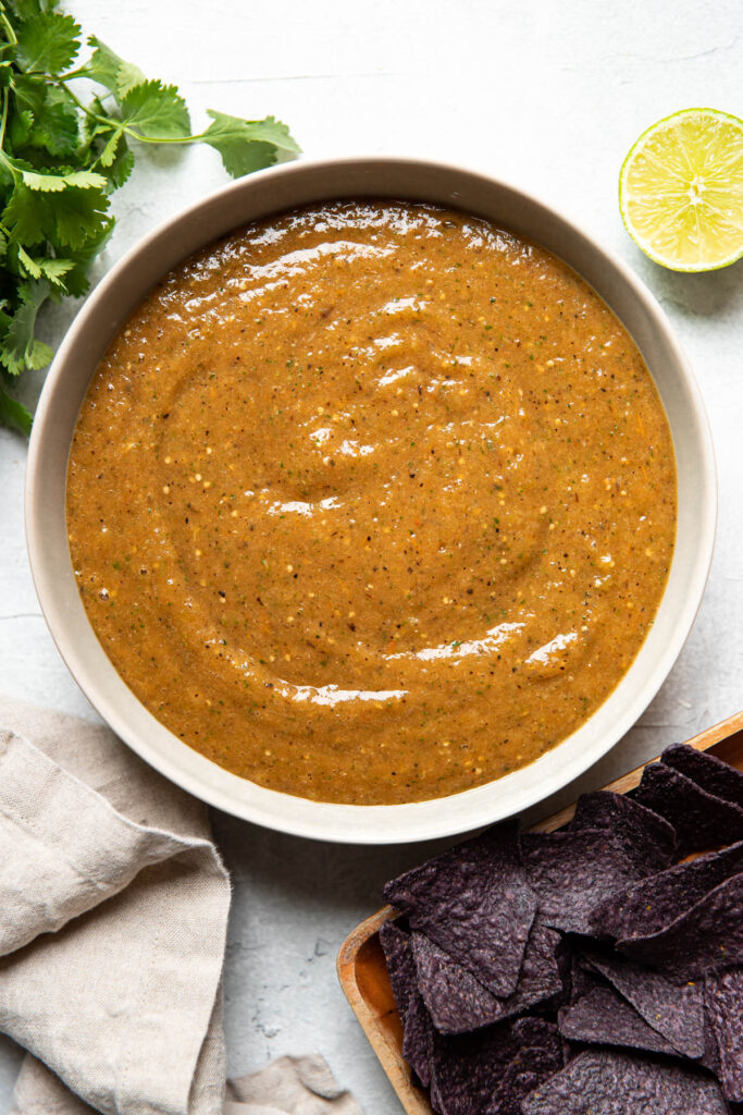 roasted tomatillo salsa in a bowl.