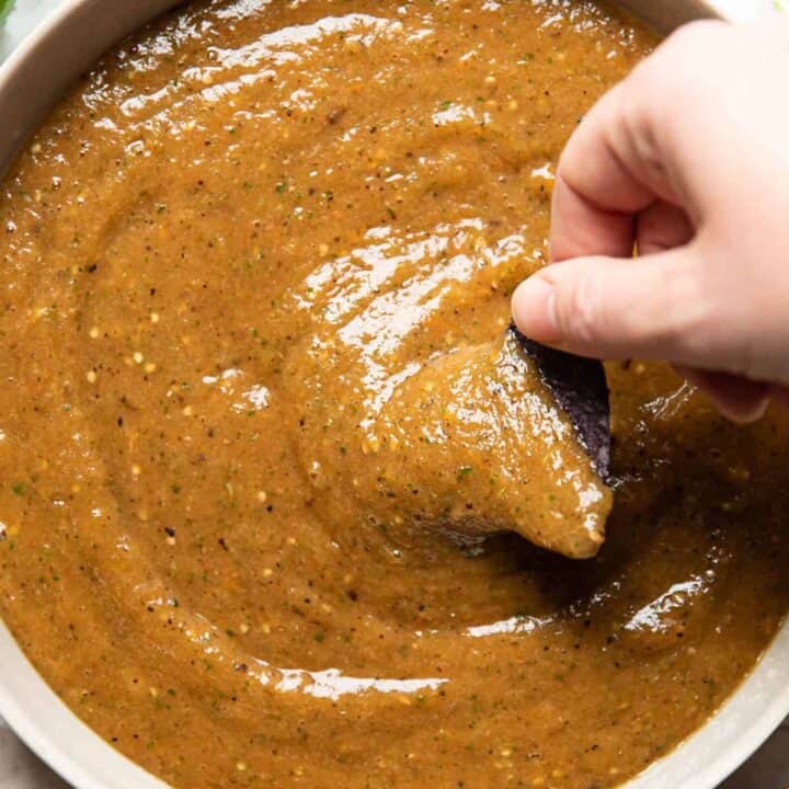 roasted tomatillo salsa in a bowl.