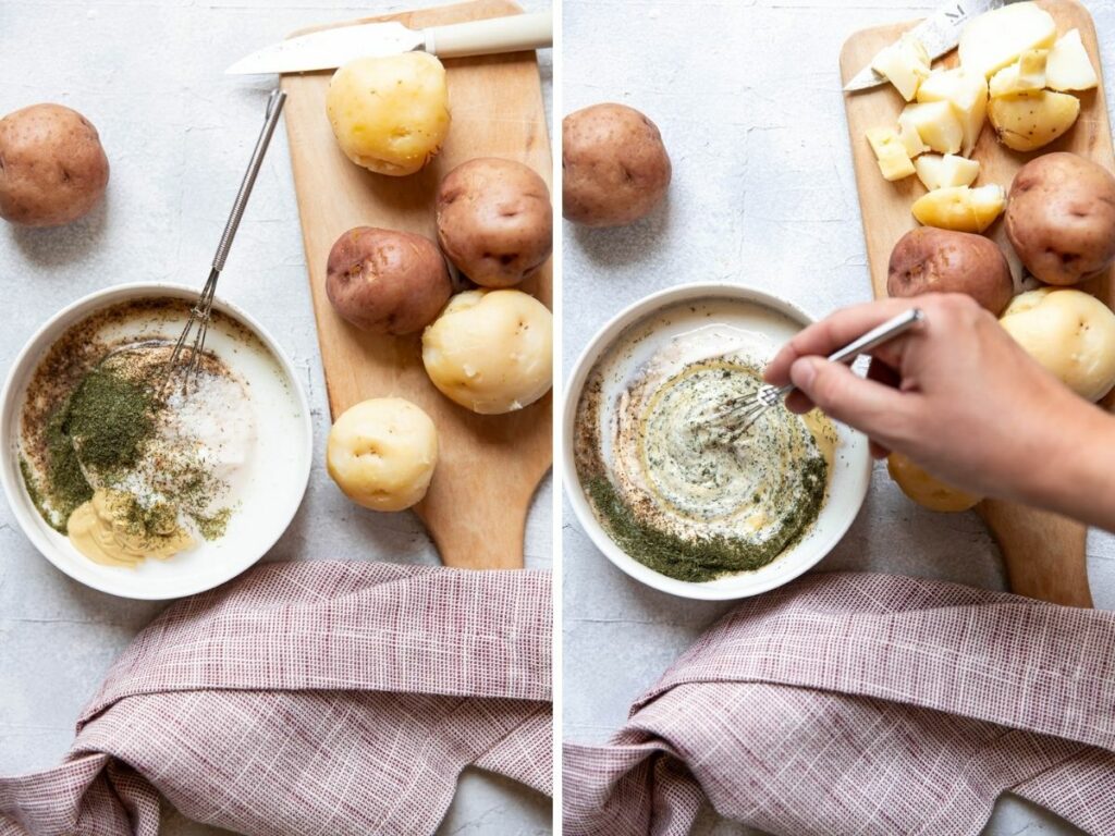 making potato salad dressing collage.