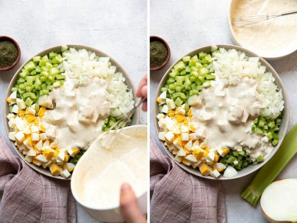 red potato salad with egg cucumber and celery in a bowl.