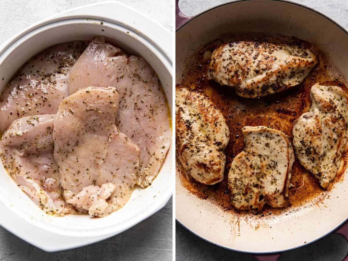 chicken marinating and chicken cooked in a pan.