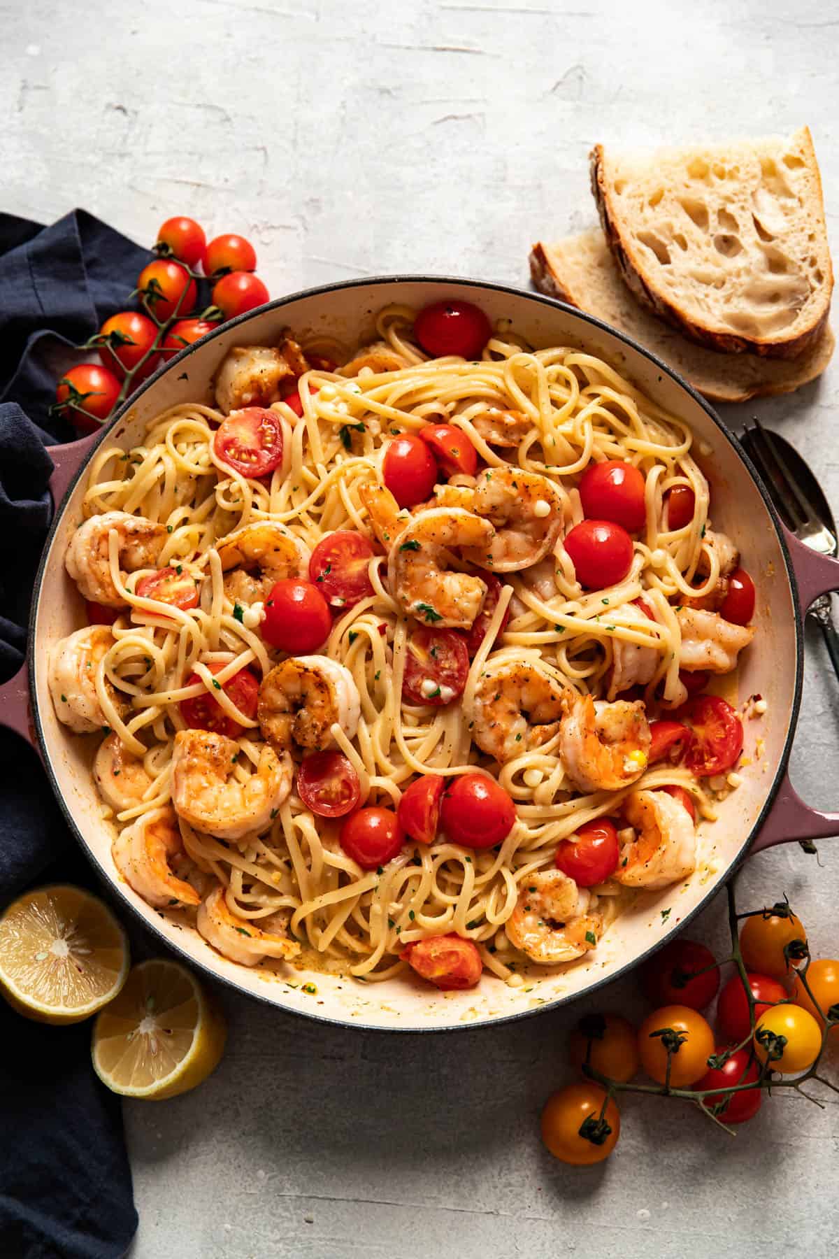 shrimp pasta in a pan