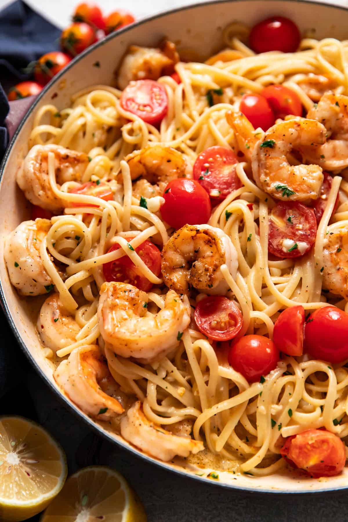 shrimp pasta in a pan
