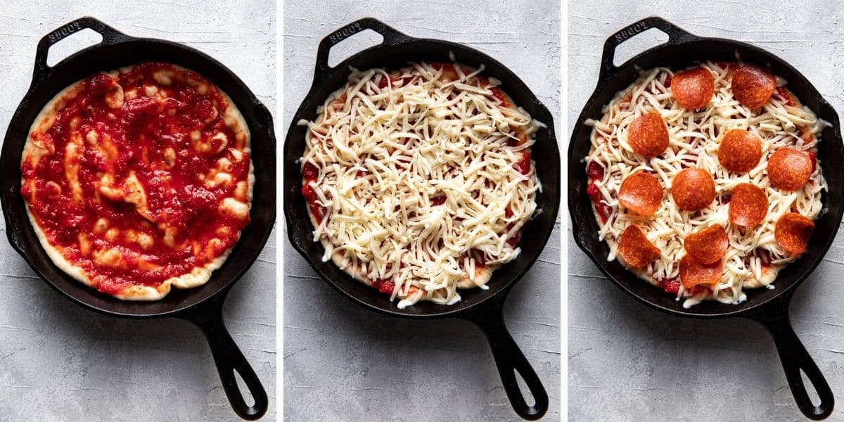 gallery of 3 images showing how to make cast iron skillet pizza.
