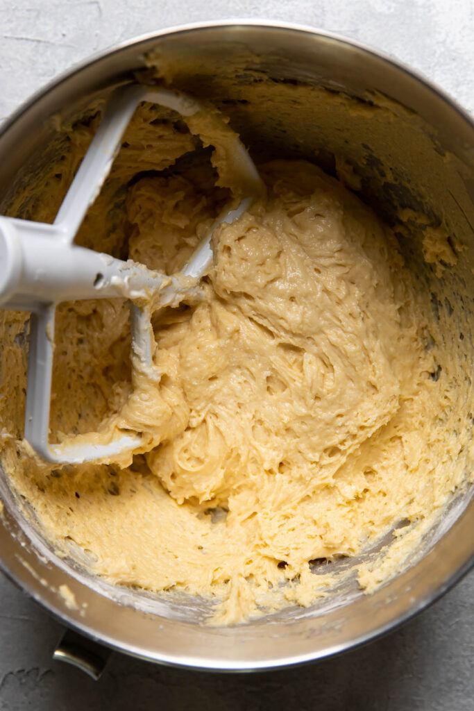 sour cream coffee cake batter in a mixing bowl.