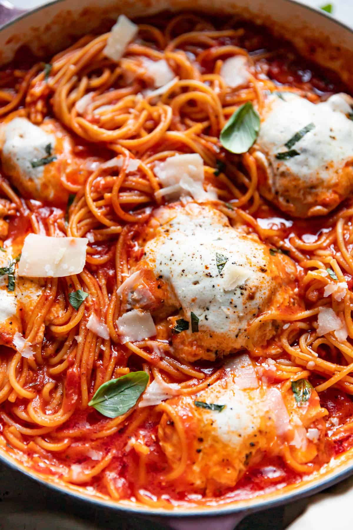 skinny chicken parmesan in a pan.