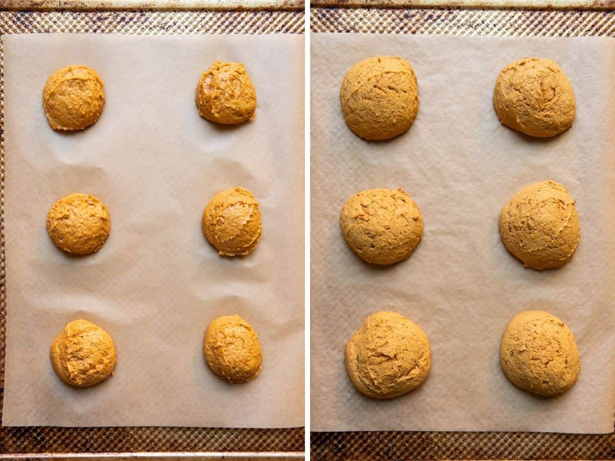 crumbl pumpkin cake cookies copycat before and after baking.