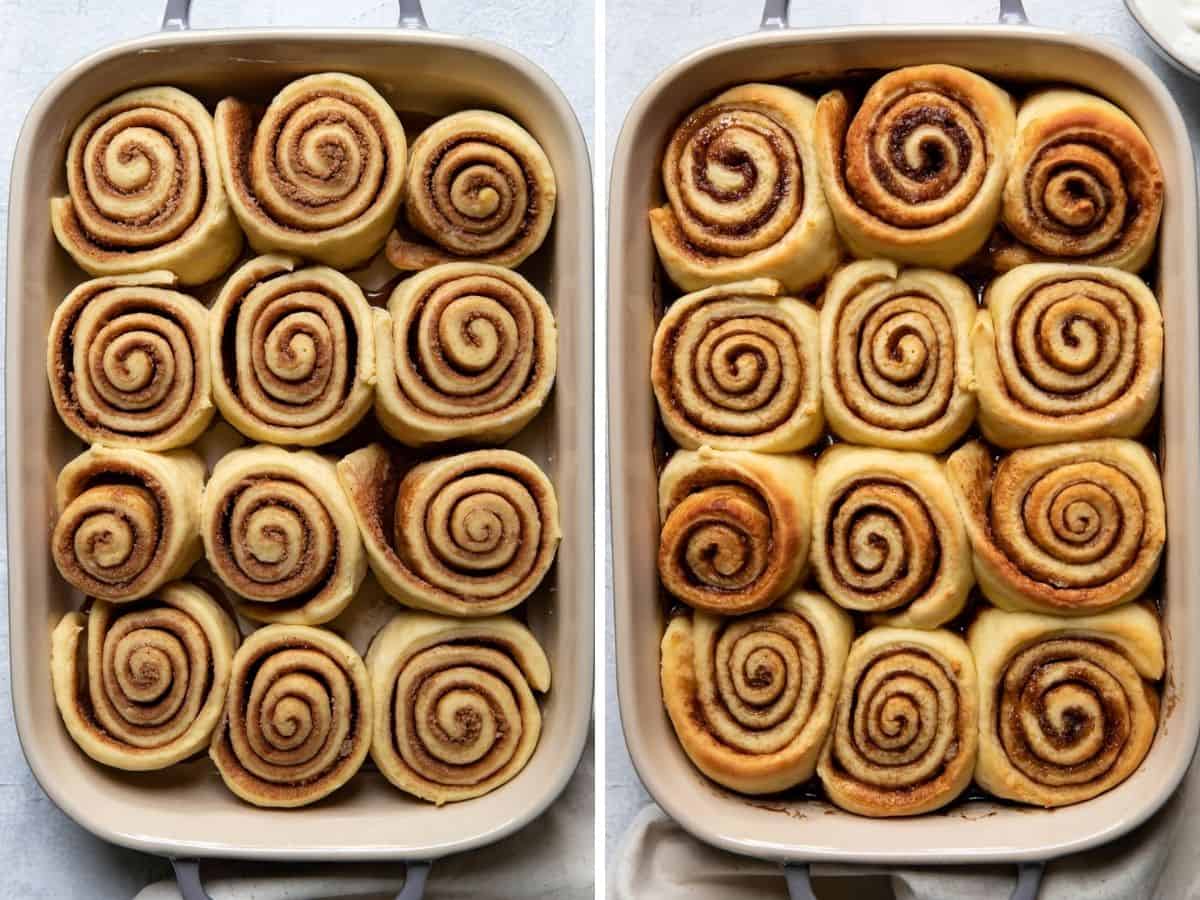 overnight cinnamon rolls in a baking dish, before and after cooking.