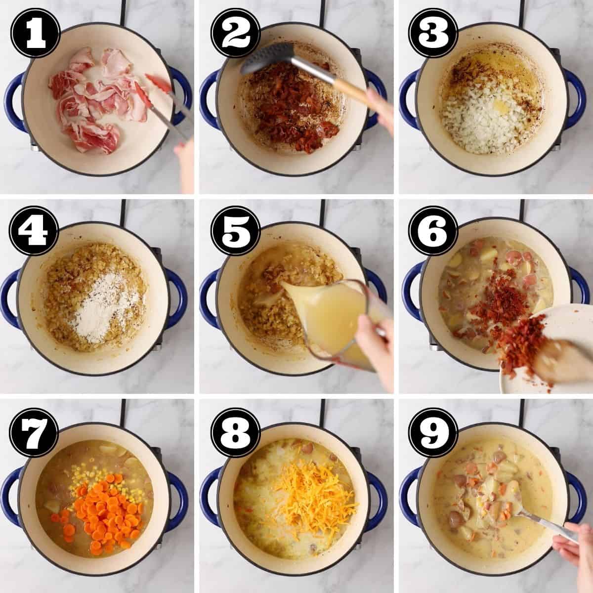 loaded baked potato chowder step by step photo collage.