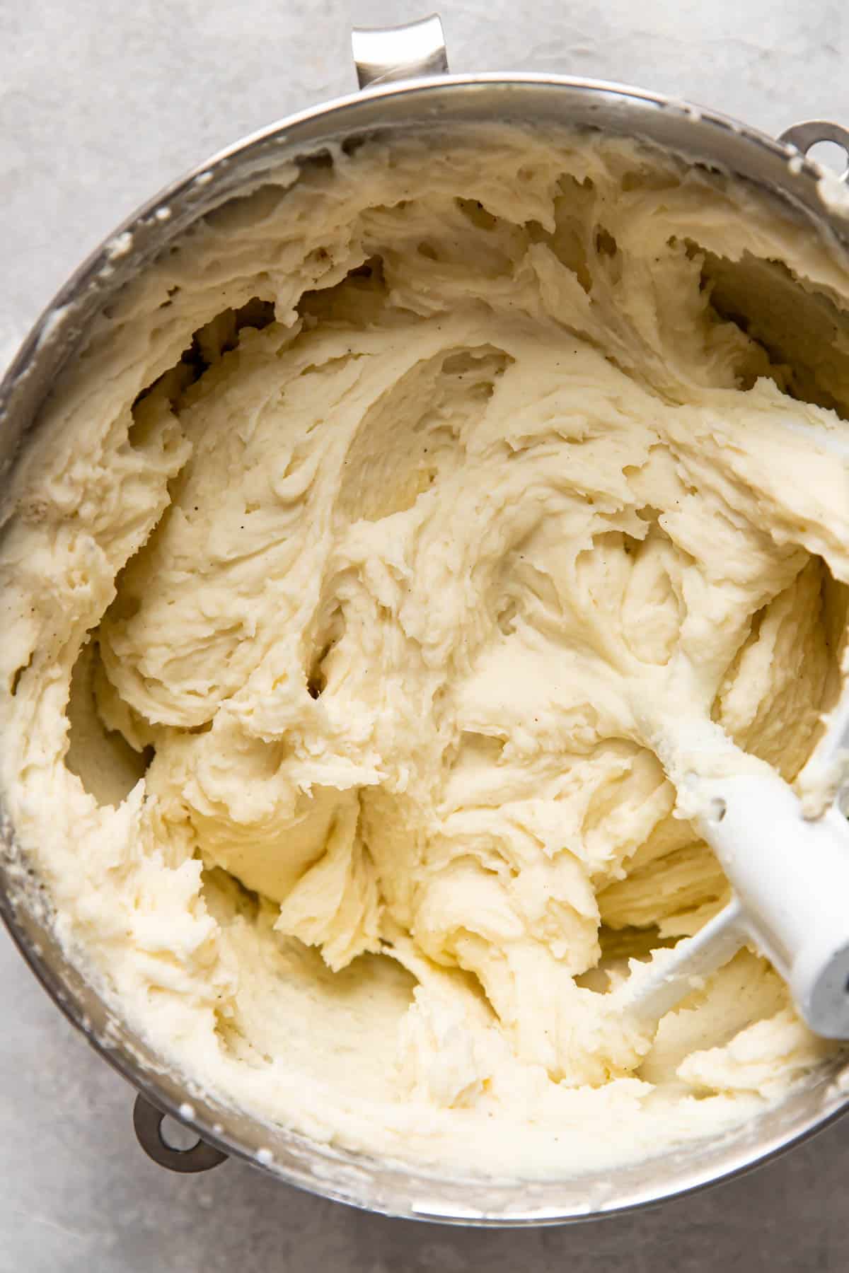 mashed potatoes in a mixing bowl.