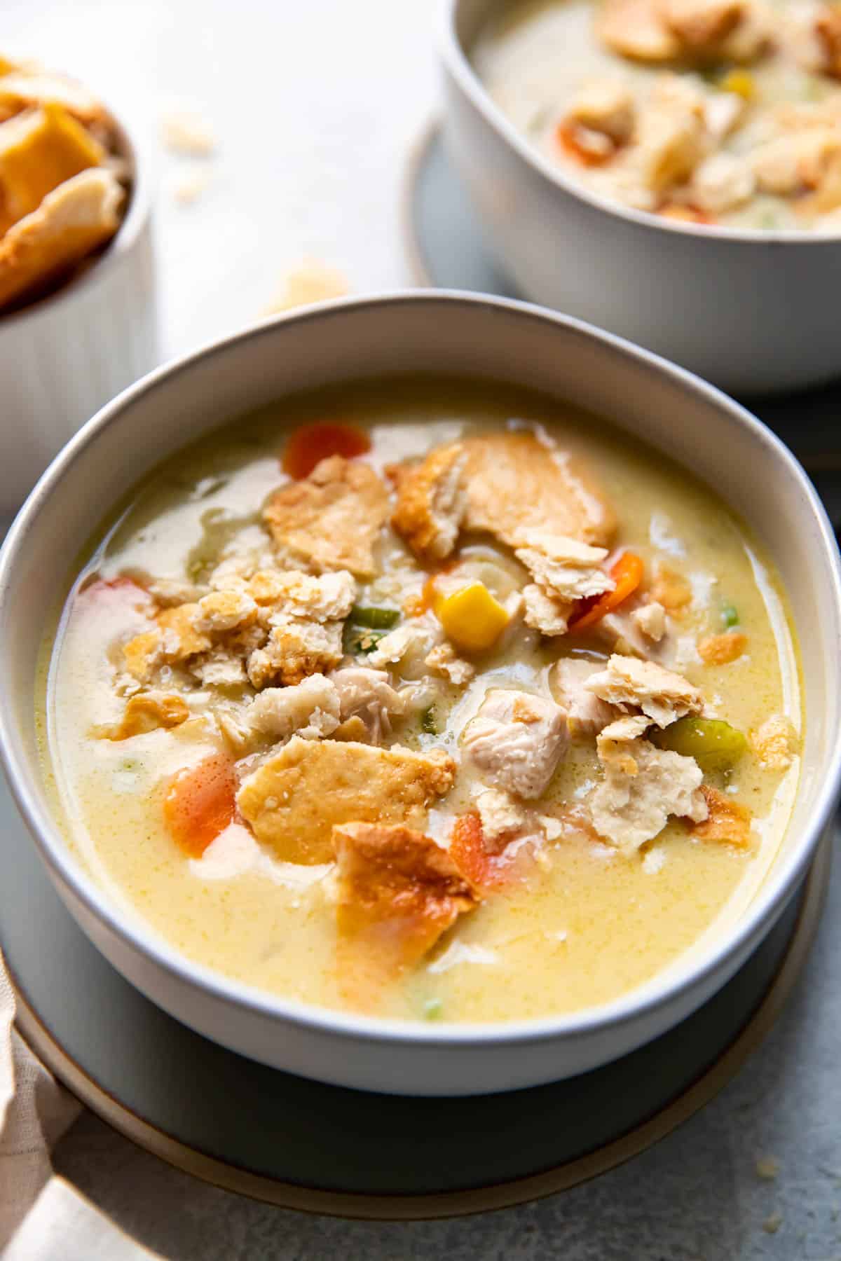 chicken pot pie soup in a bowl.