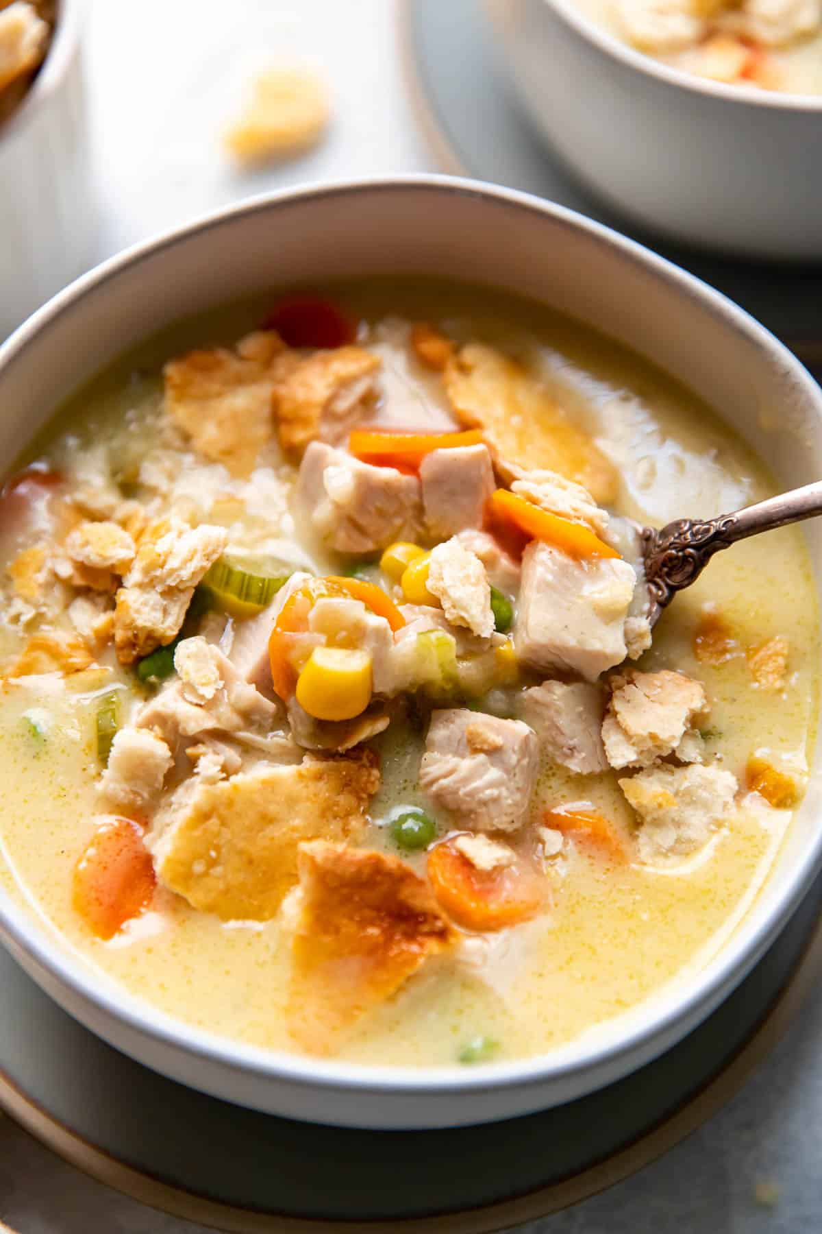 chicken pot pie soup in a bowl.