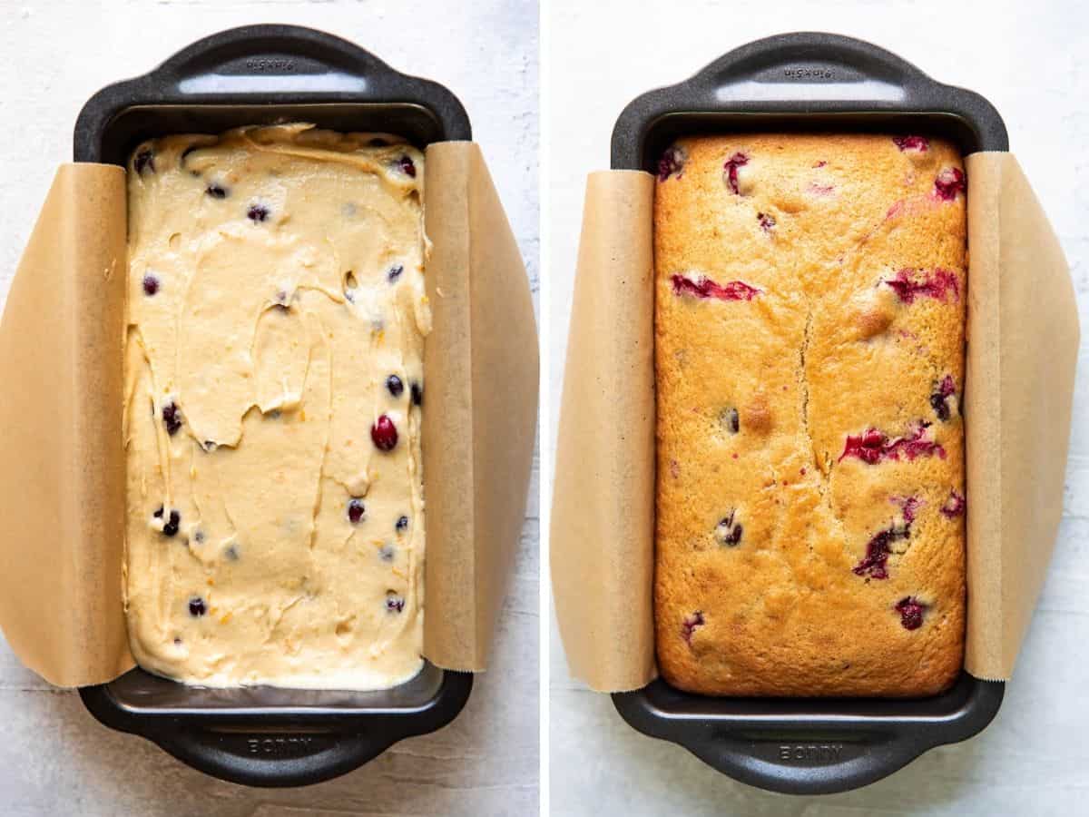 cranberry orange loaf cake before and after baking.
