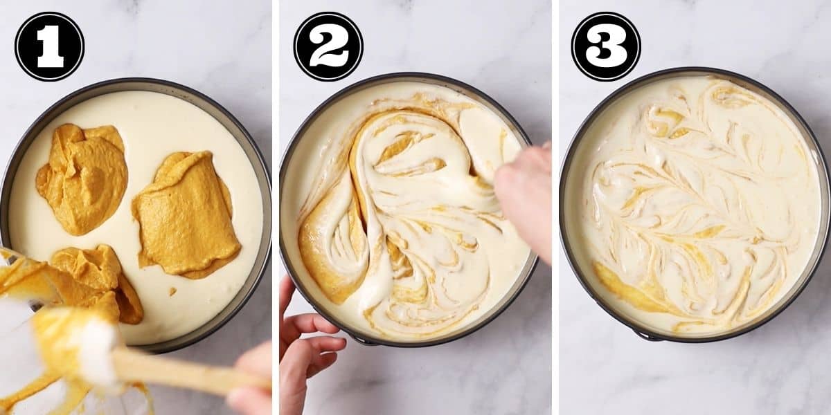 swirling the pumpkin in the cheesecake step by step