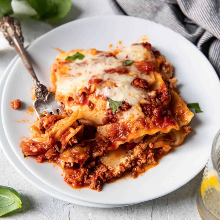lasagna on a plate.