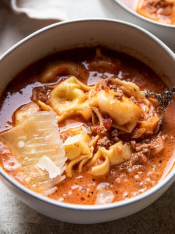 lasagna cheese tortellini soup in a bowl.