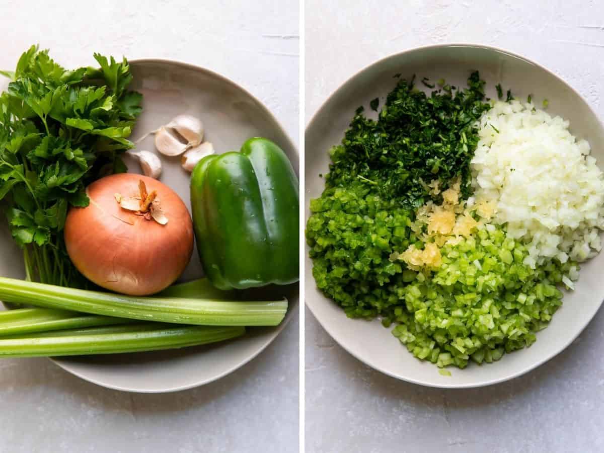 vegetables in a bowl for gumbo.