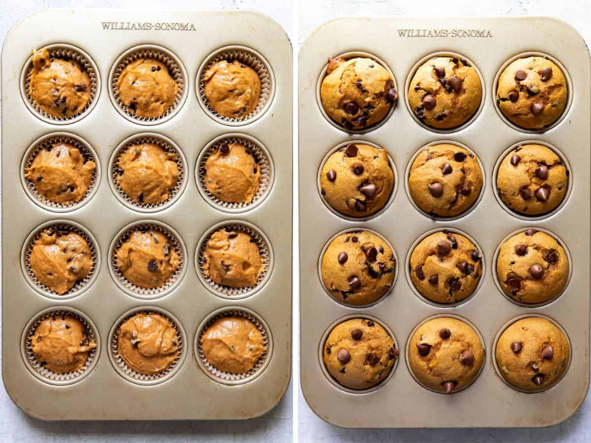 pumpkin chocolate muffins in a muffin tin before being baked and shown after being baked.