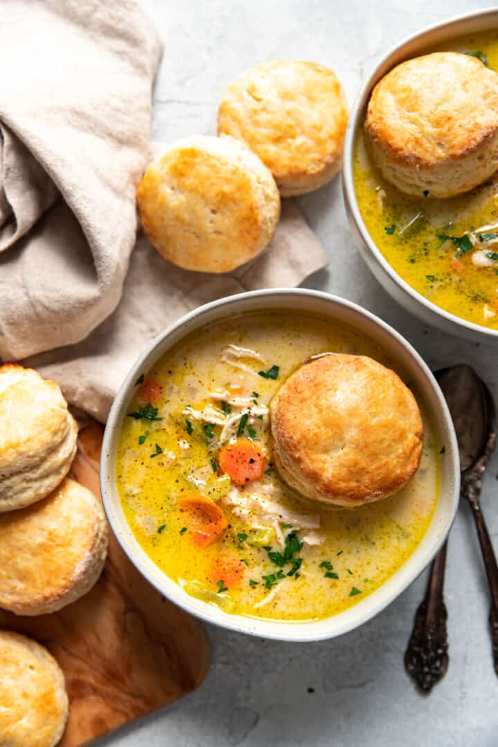 Chicken Pot Pie Soup With Biscuits - Modern Crumb