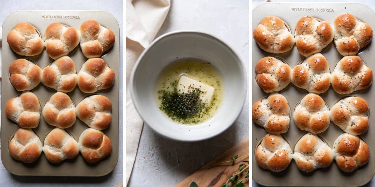 cloverleaf rolls and a bowl with butter and herbs.