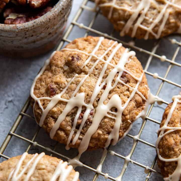 oatmeal pecan cookies with maple icing.