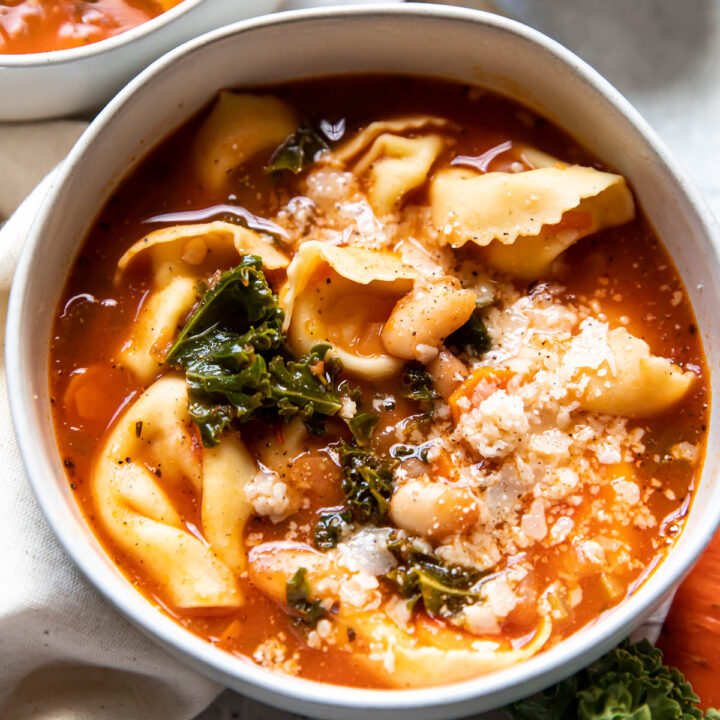 tuscan tortellini soup in a bowl.